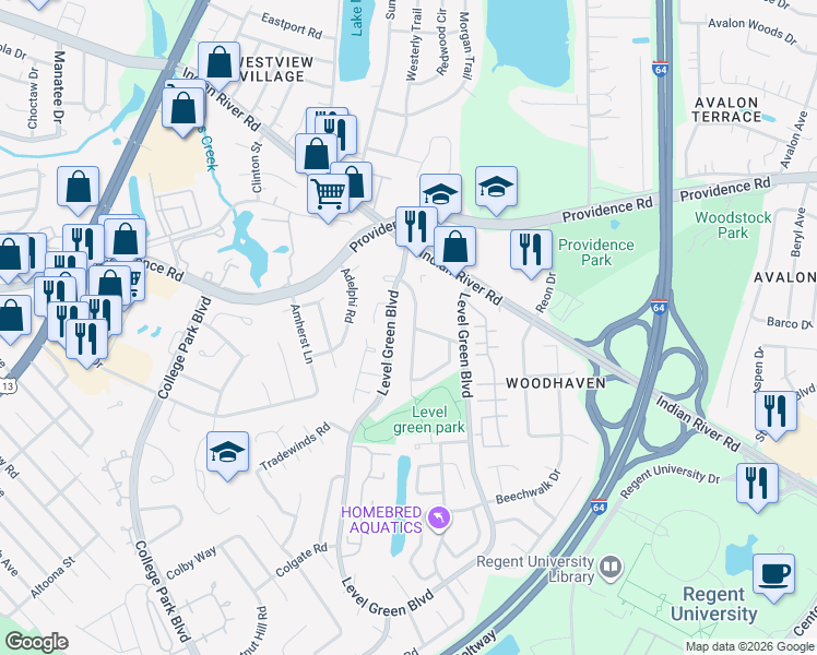 map of restaurants, bars, coffee shops, grocery stores, and more near 1001 Commonwealth Place in Virginia Beach