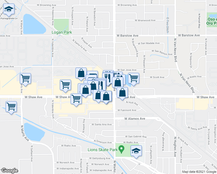 map of restaurants, bars, coffee shops, grocery stores, and more near 3050 West Shaw Avenue in Fresno
