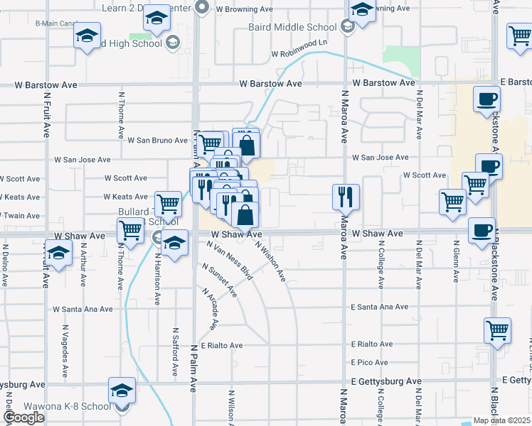 map of restaurants, bars, coffee shops, grocery stores, and more near 5085 North Wishon Avenue in Fresno