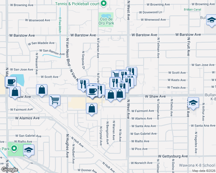 map of restaurants, bars, coffee shops, grocery stores, and more near 5082 North Forkner Avenue in Fresno