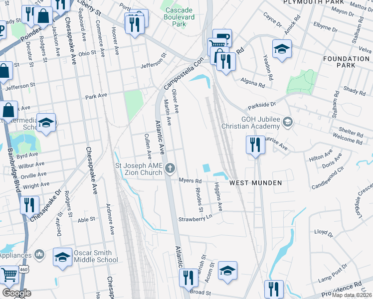 map of restaurants, bars, coffee shops, grocery stores, and more near 1754 Oliver Avenue in Chesapeake