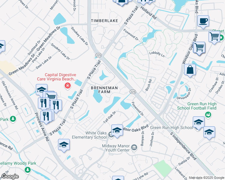 map of restaurants, bars, coffee shops, grocery stores, and more near 904 Buckhurst Lane in Virginia Beach