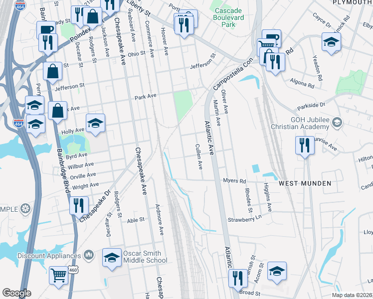 map of restaurants, bars, coffee shops, grocery stores, and more near 1712 Cullen Avenue in Chesapeake