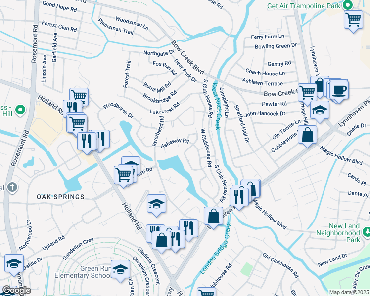 map of restaurants, bars, coffee shops, grocery stores, and more near 1013 Blue Spring Lane in Virginia Beach
