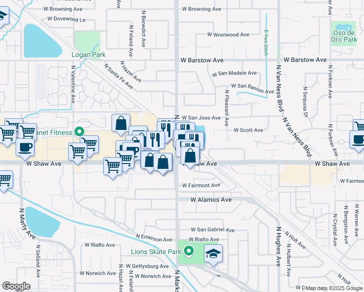 map of restaurants, bars, coffee shops, grocery stores, and more near 5050 North Santa Fe Avenue in Fresno