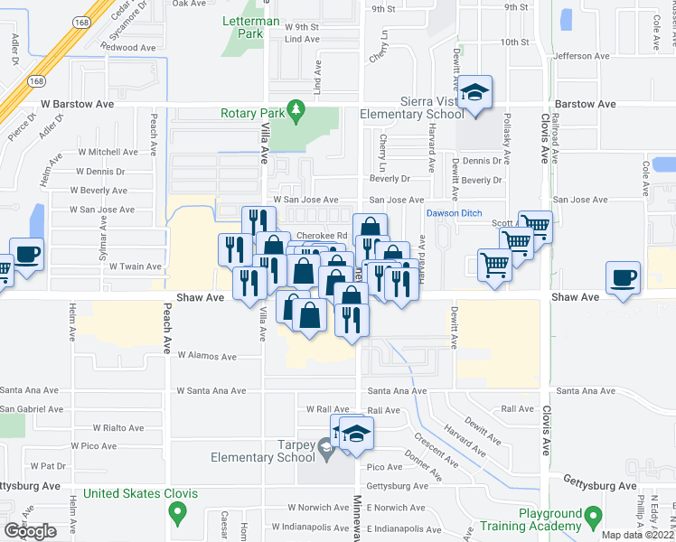 map of restaurants, bars, coffee shops, grocery stores, and more near 1724 Minnewawa Avenue in Clovis