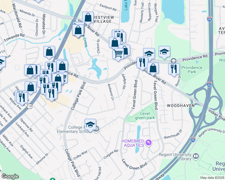 map of restaurants, bars, coffee shops, grocery stores, and more near 6217 Antioch Street in Virginia Beach