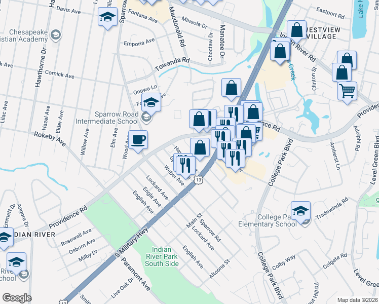 map of restaurants, bars, coffee shops, grocery stores, and more near in Chesapeake