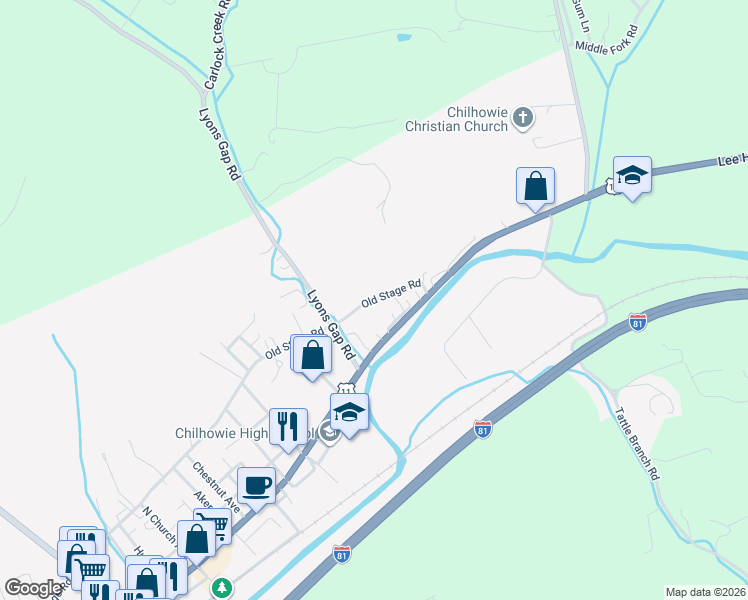 map of restaurants, bars, coffee shops, grocery stores, and more near 1455 Old Stage Road in Chilhowie