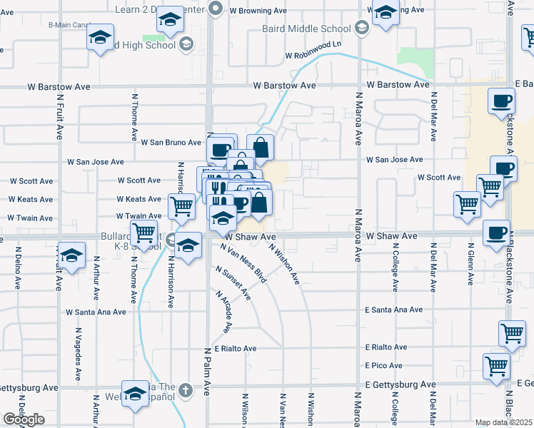map of restaurants, bars, coffee shops, grocery stores, and more near 5047 North Roosevelt Avenue in Fresno