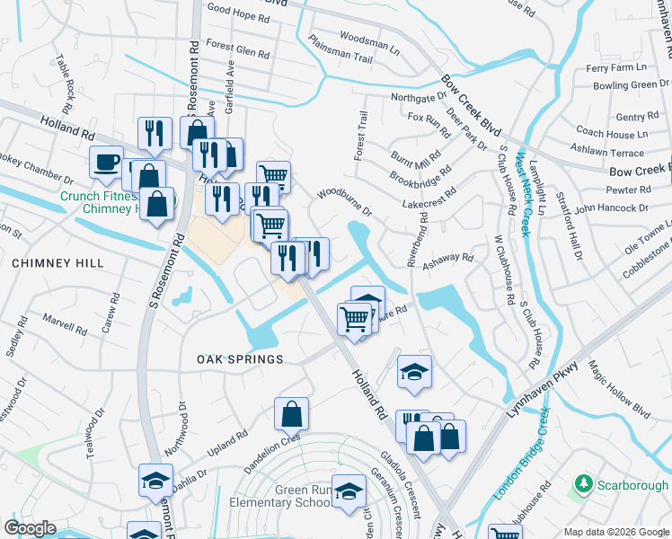 map of restaurants, bars, coffee shops, grocery stores, and more near 3543 Woodburne Drive in Virginia Beach