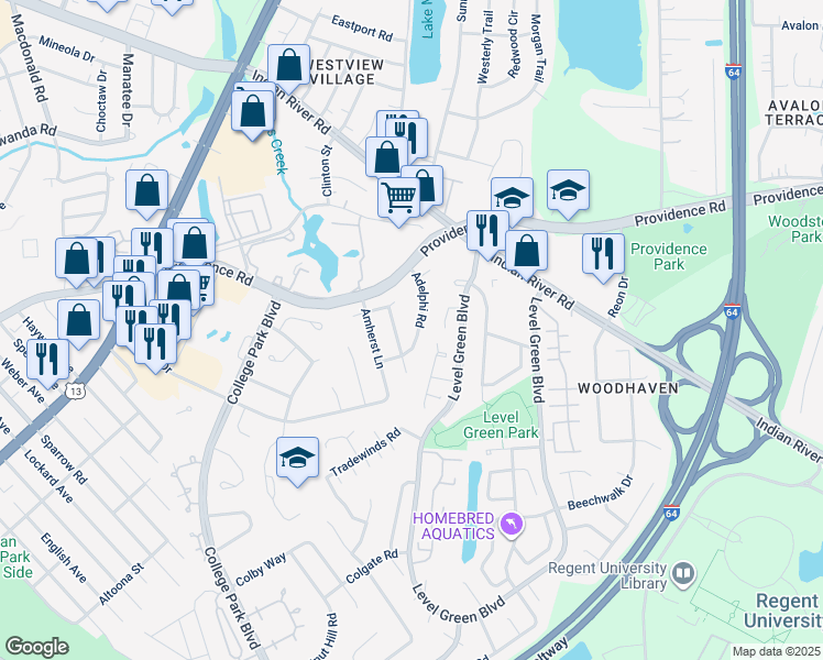 map of restaurants, bars, coffee shops, grocery stores, and more near 933 Adelphi Road in Virginia Beach