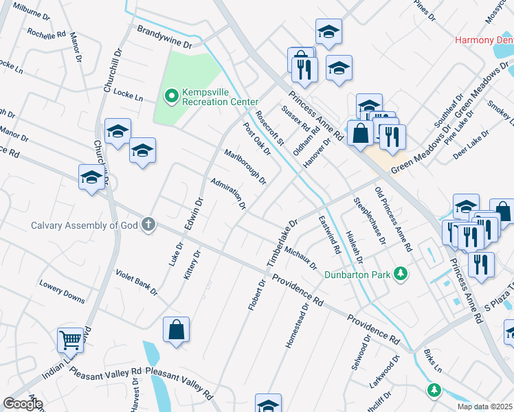 map of restaurants, bars, coffee shops, grocery stores, and more near 928 Amesbury Road in Virginia Beach