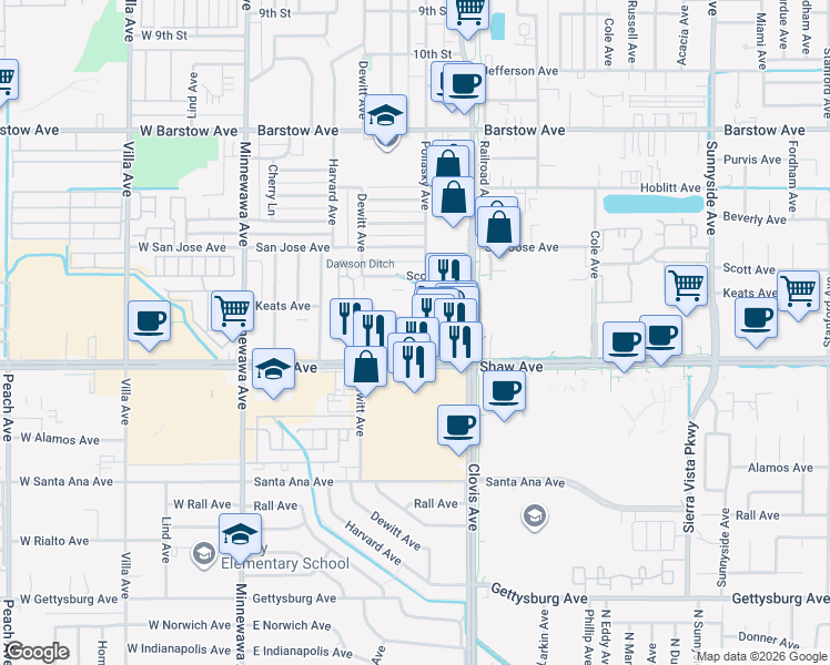 map of restaurants, bars, coffee shops, grocery stores, and more near 519 Keats Avenue in Clovis