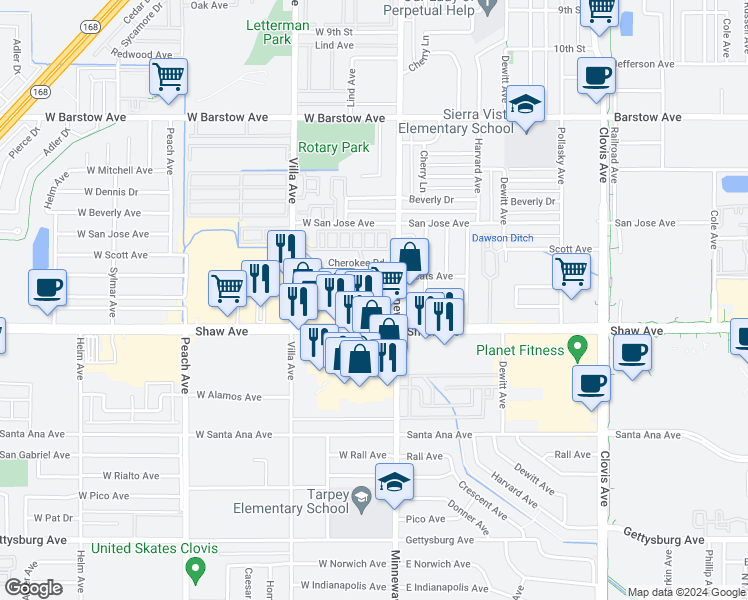 map of restaurants, bars, coffee shops, grocery stores, and more near 1724 Minnewawa Avenue in Clovis