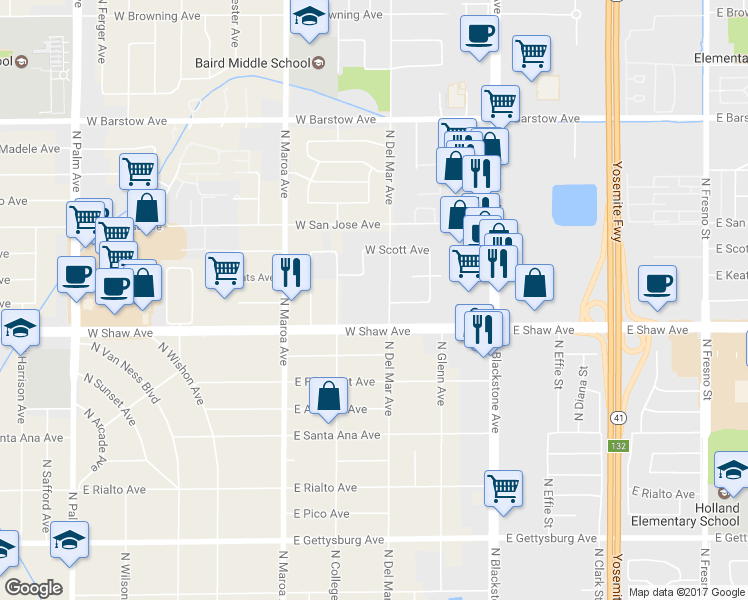 map of restaurants, bars, coffee shops, grocery stores, and more near 5085 North Del Mar Avenue in Fresno