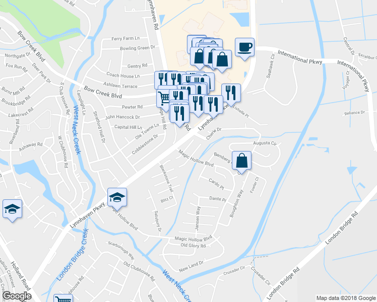 map of restaurants, bars, coffee shops, grocery stores, and more near 2916 Theodorus Court in Virginia Beach