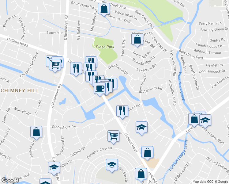 map of restaurants, bars, coffee shops, grocery stores, and more near 3543 Woodburne Drive in Virginia Beach