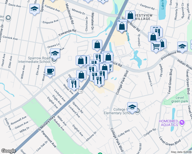 map of restaurants, bars, coffee shops, grocery stores, and more near 985 South Military Highway in Virginia Beach