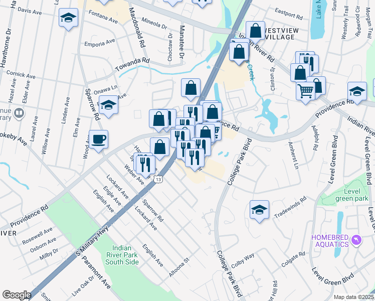map of restaurants, bars, coffee shops, grocery stores, and more near 985 South Military Highway in Virginia Beach