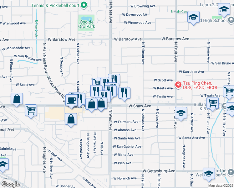 map of restaurants, bars, coffee shops, grocery stores, and more near 5104 North West Avenue in Fresno