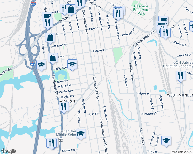 map of restaurants, bars, coffee shops, grocery stores, and more near 1613 Chesapeake Avenue in Chesapeake