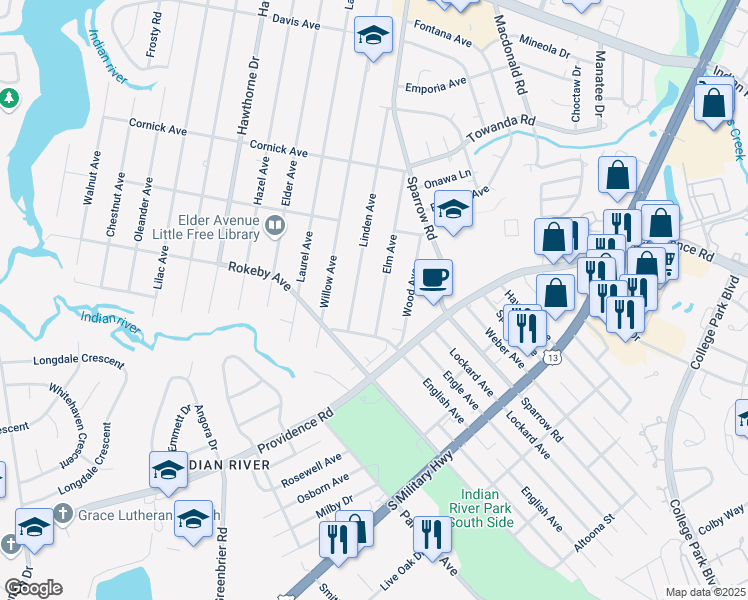 map of restaurants, bars, coffee shops, grocery stores, and more near 1603 Elm Avenue in Chesapeake