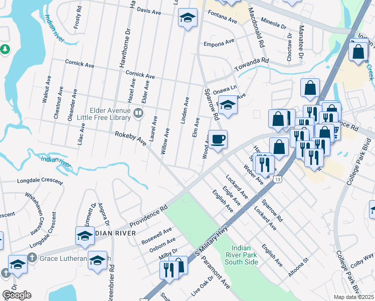 map of restaurants, bars, coffee shops, grocery stores, and more near 1603 Elm Avenue in Chesapeake