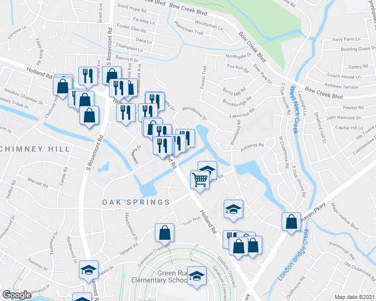 map of restaurants, bars, coffee shops, grocery stores, and more near 3522 Woodburne Drive in Virginia Beach