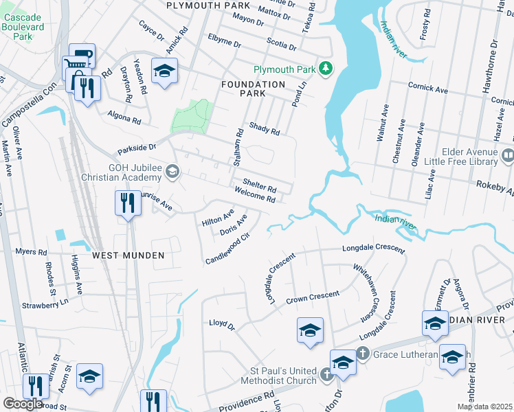 map of restaurants, bars, coffee shops, grocery stores, and more near 3042 Welcome Road in Chesapeake