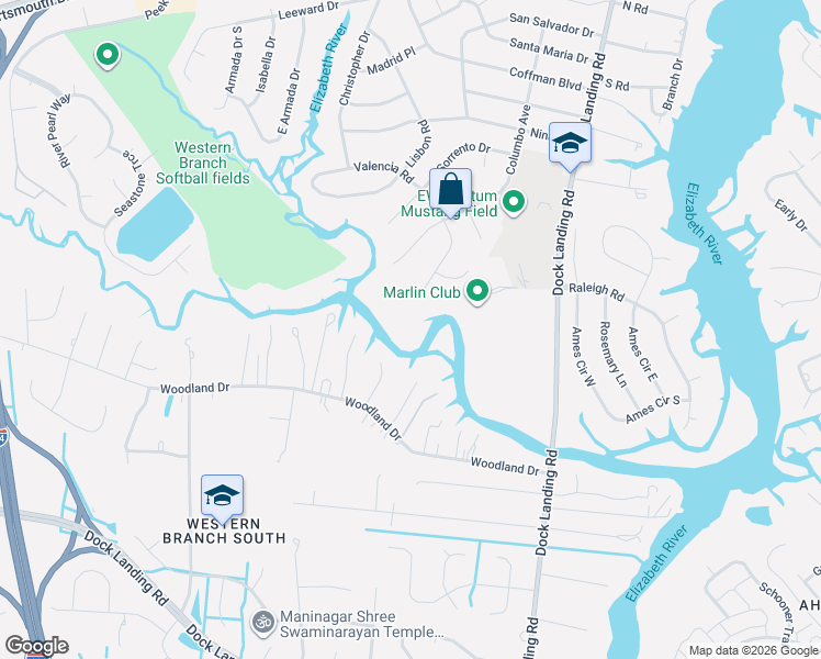 map of restaurants, bars, coffee shops, grocery stores, and more near 4100 Valencia Rd in Chesapeake