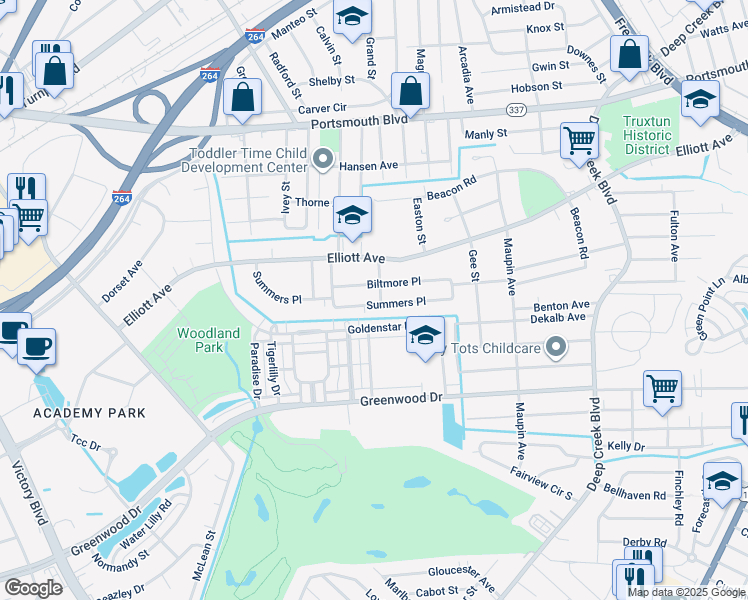 map of restaurants, bars, coffee shops, grocery stores, and more near 501 Summers Place in Portsmouth