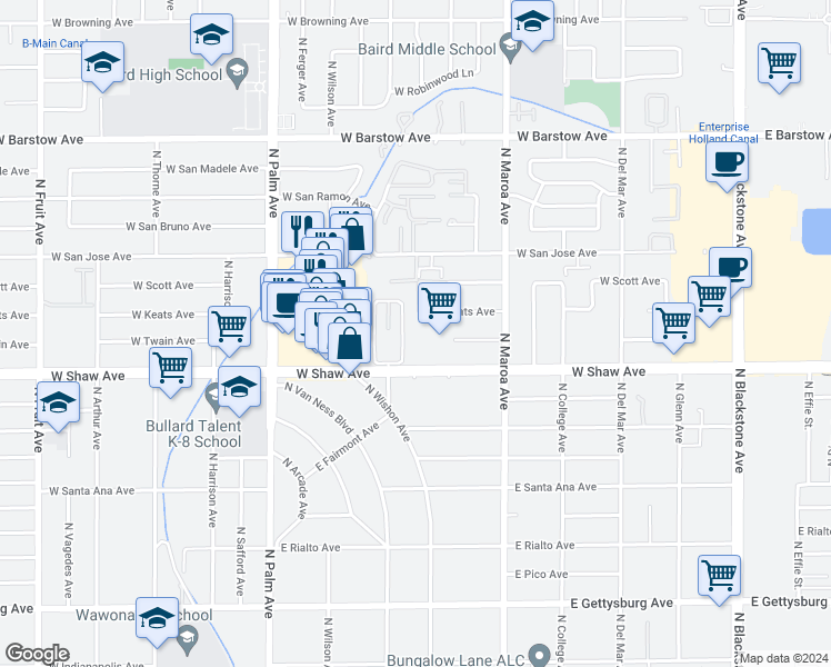 map of restaurants, bars, coffee shops, grocery stores, and more near 5085 North Wishon Avenue in Fresno