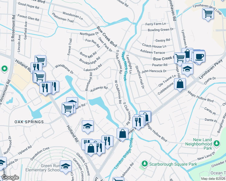 map of restaurants, bars, coffee shops, grocery stores, and more near 3209 Corrine Lane in Virginia Beach
