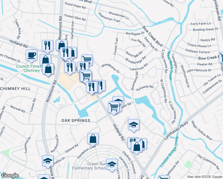 map of restaurants, bars, coffee shops, grocery stores, and more near 3543 Woodburne Drive in Virginia Beach