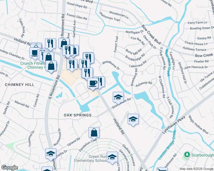 map of restaurants, bars, coffee shops, grocery stores, and more near 3478 Holland Road in Virginia Beach