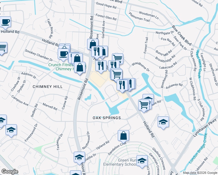 map of restaurants, bars, coffee shops, grocery stores, and more near 3644 Edenberry Court in Virginia Beach