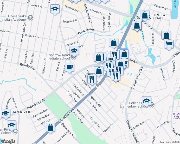 map of restaurants, bars, coffee shops, grocery stores, and more near 931 Providence Road in Chesapeake