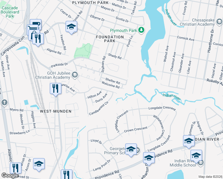 map of restaurants, bars, coffee shops, grocery stores, and more near 3042 Welcome Road in Chesapeake