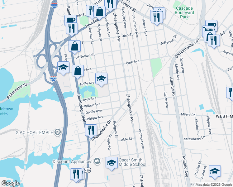 map of restaurants, bars, coffee shops, grocery stores, and more near 1542 Jackson Avenue in Chesapeake