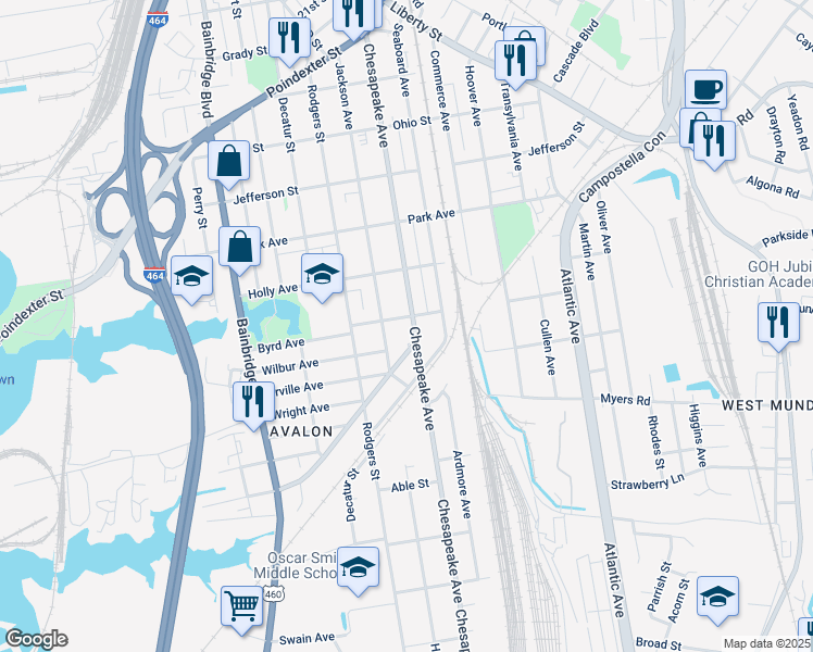 map of restaurants, bars, coffee shops, grocery stores, and more near 1608 Chesapeake Avenue in Chesapeake