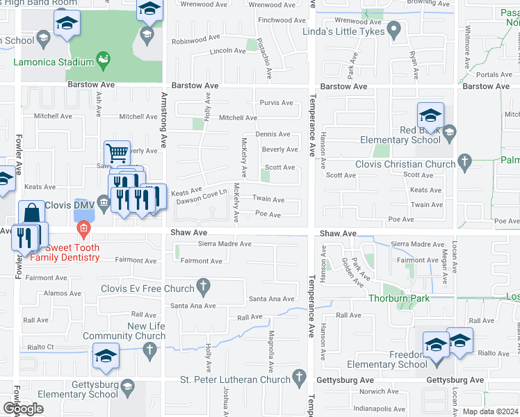 map of restaurants, bars, coffee shops, grocery stores, and more near 2461 Poe Avenue in Clovis