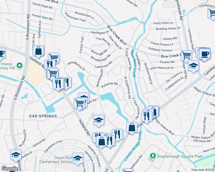 map of restaurants, bars, coffee shops, grocery stores, and more near 3204 Ashaway Road in Virginia Beach