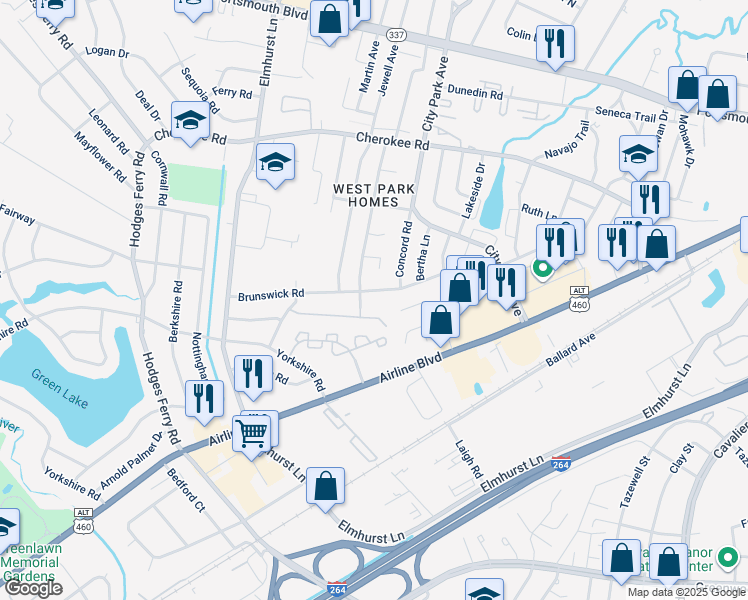 map of restaurants, bars, coffee shops, grocery stores, and more near 721 Brunswick Road in Portsmouth