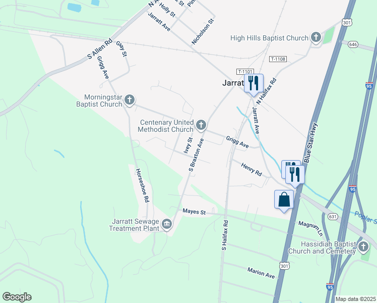 map of restaurants, bars, coffee shops, grocery stores, and more near 317 Ivey Street in Jarratt