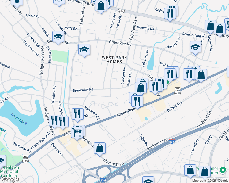 map of restaurants, bars, coffee shops, grocery stores, and more near 721 Brunswick Road in Portsmouth