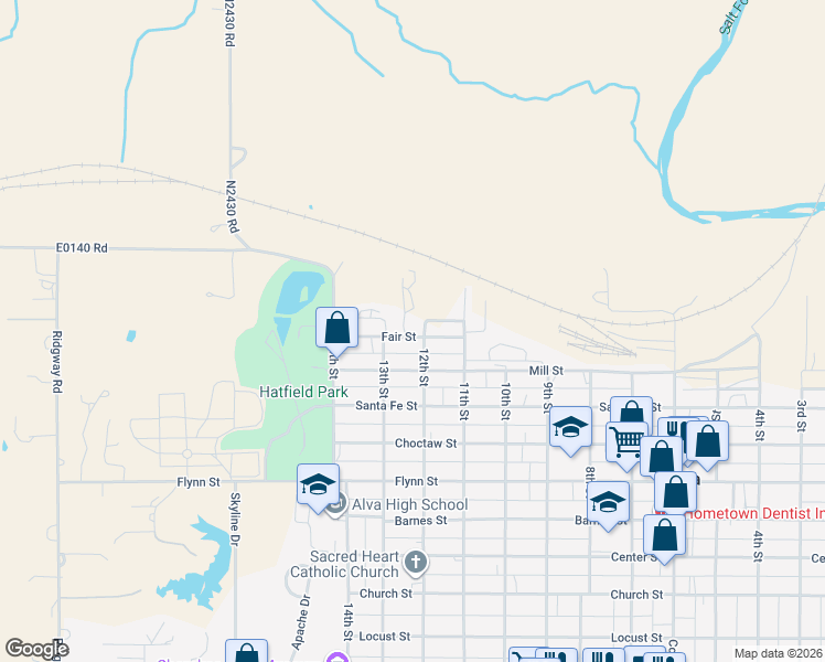 map of restaurants, bars, coffee shops, grocery stores, and more near 1206 Fair Street in Alva