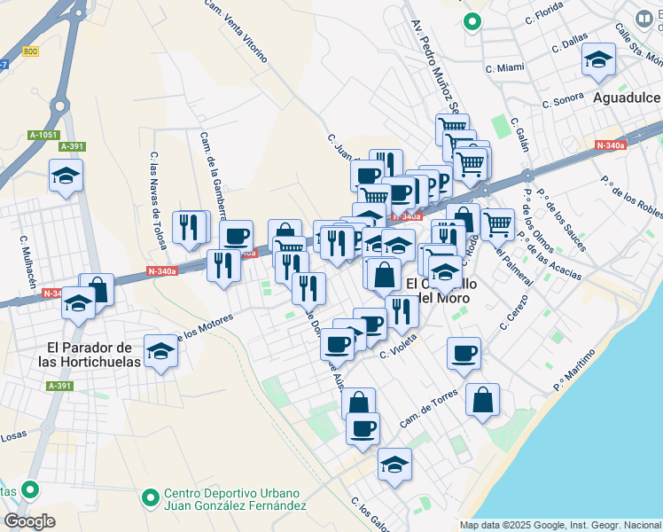map of restaurants, bars, coffee shops, grocery stores, and more near in Roquetas de Mar