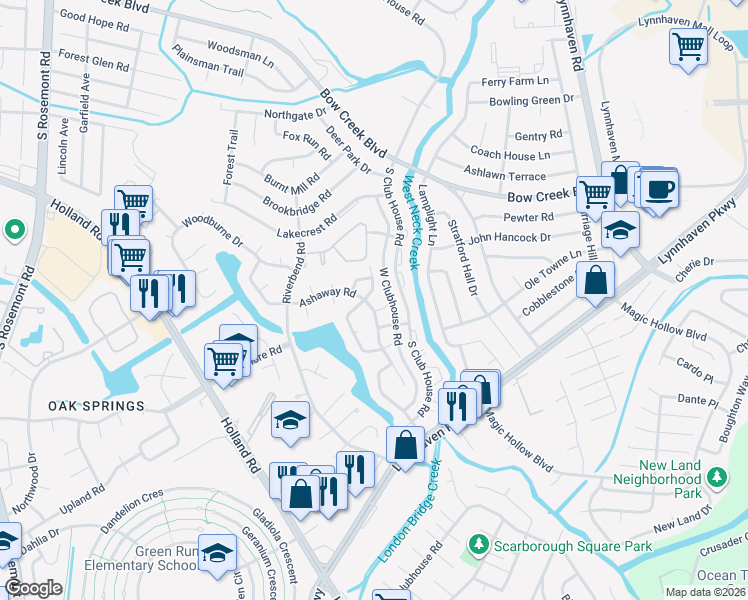map of restaurants, bars, coffee shops, grocery stores, and more near 3209 Corrine Lane in Virginia Beach