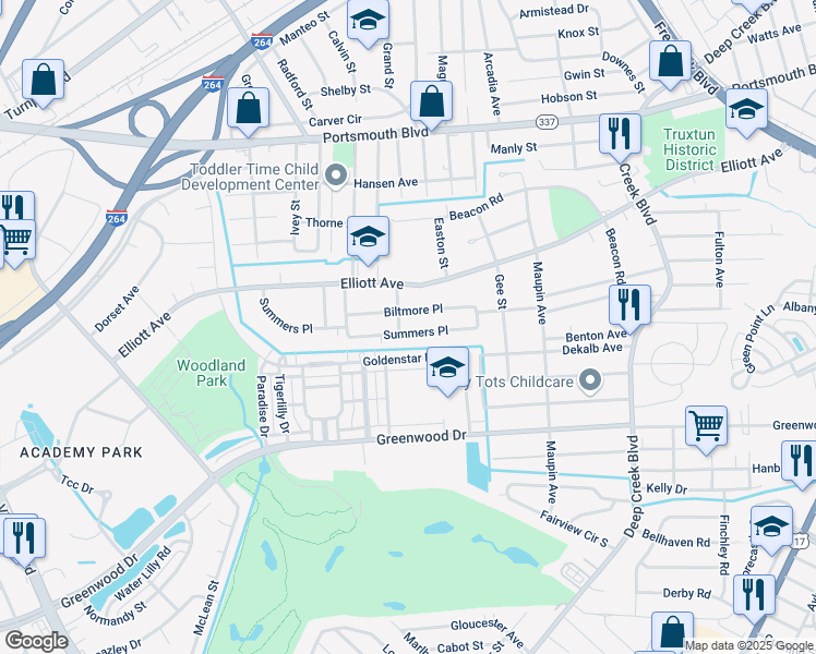 map of restaurants, bars, coffee shops, grocery stores, and more near 415 Summers Place in Portsmouth
